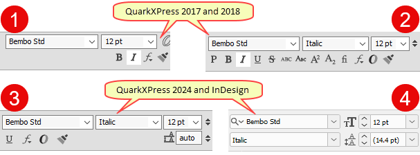 evolution of bold and italics in the QuarkXPress user interface over the years
